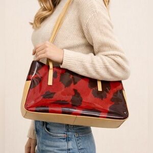 Francesco Biasia Red Leather Animal Print Shoulder Bag Made In Italy Luxury Y2K